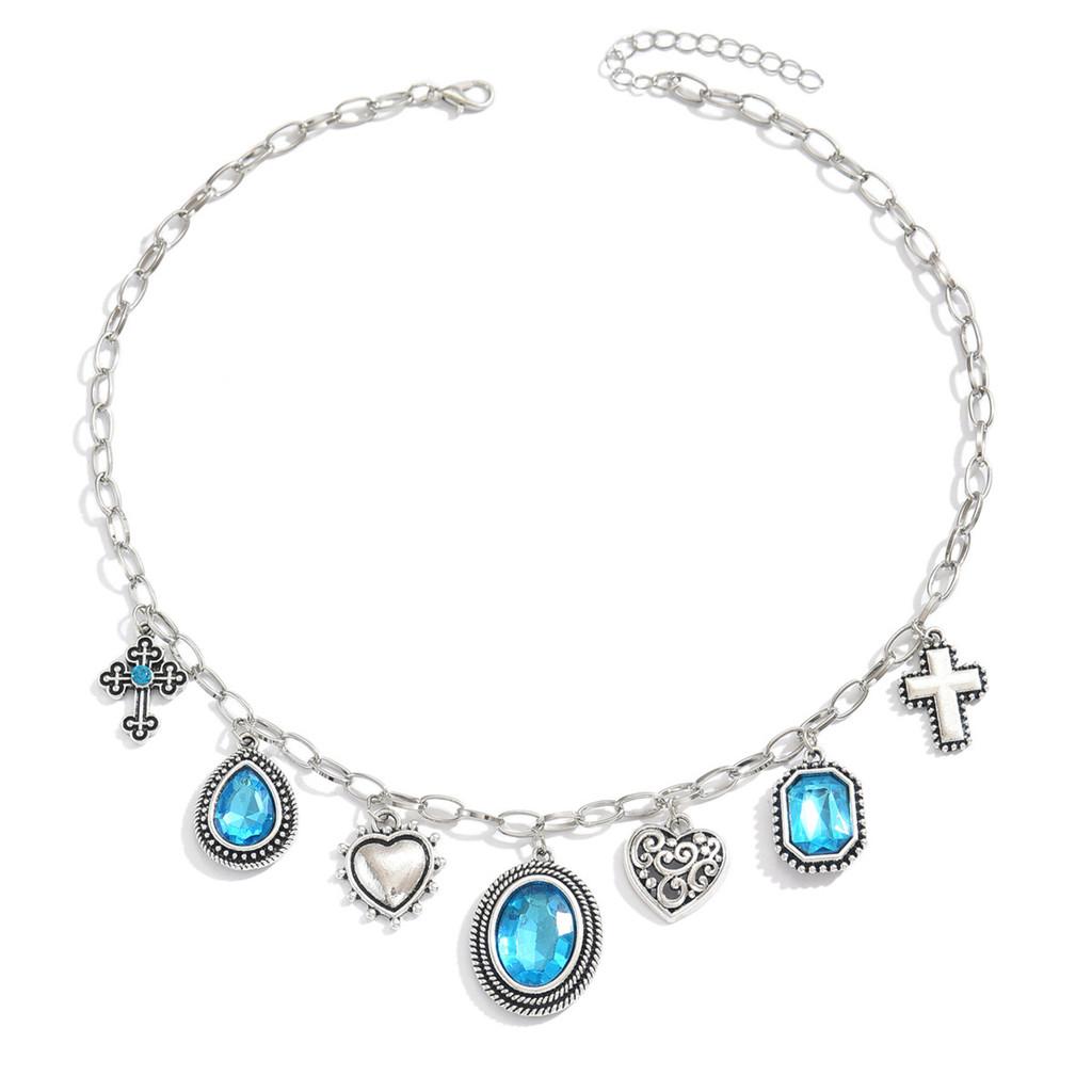 Baroque Blue Rhinestone Necklace With Heart And Cross Pendant For Women Summer