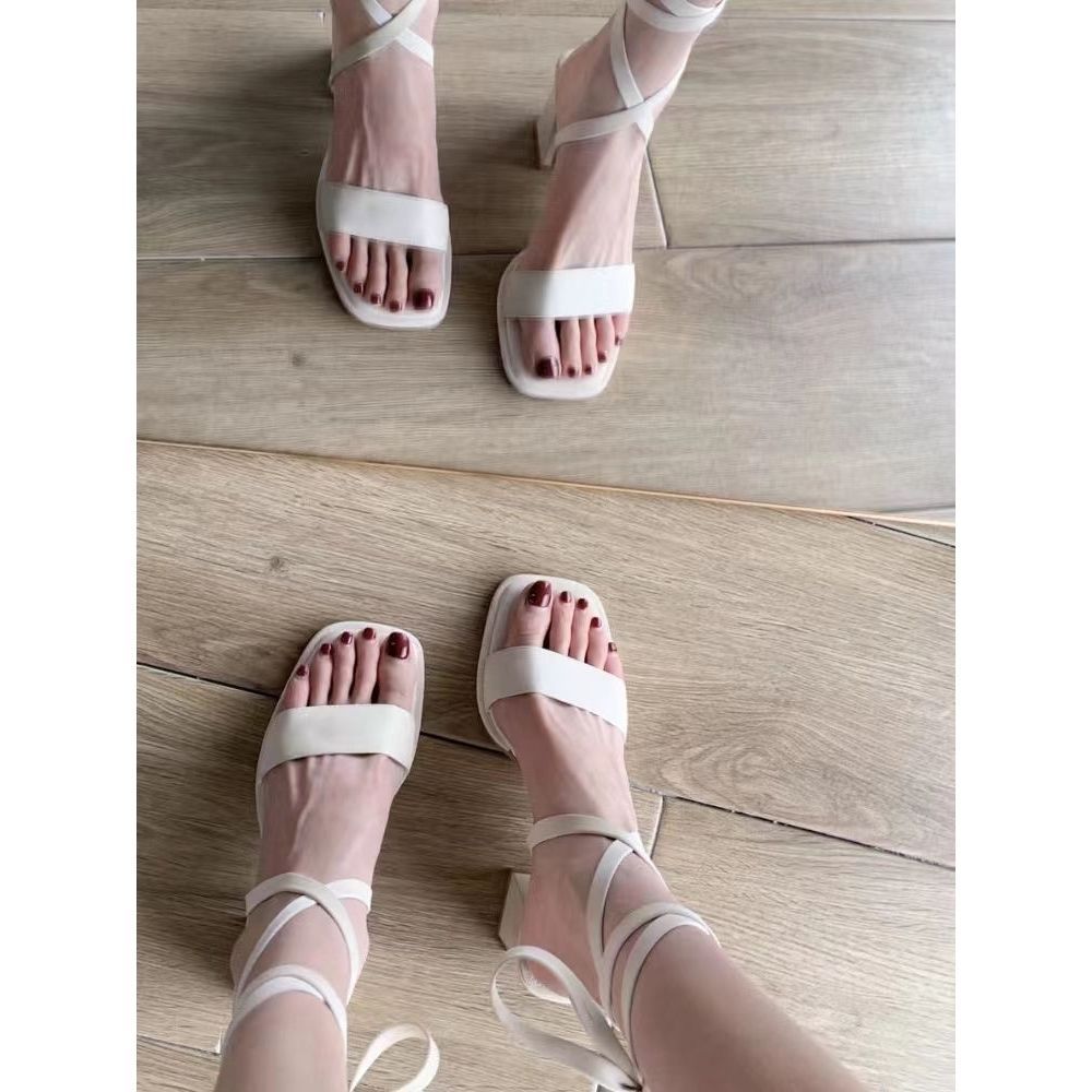 Sandals Women's Summer New Thin Heels Square Head Open-toed High Heels Ankle Wrapping Straps Super Sexy Women's Shoes