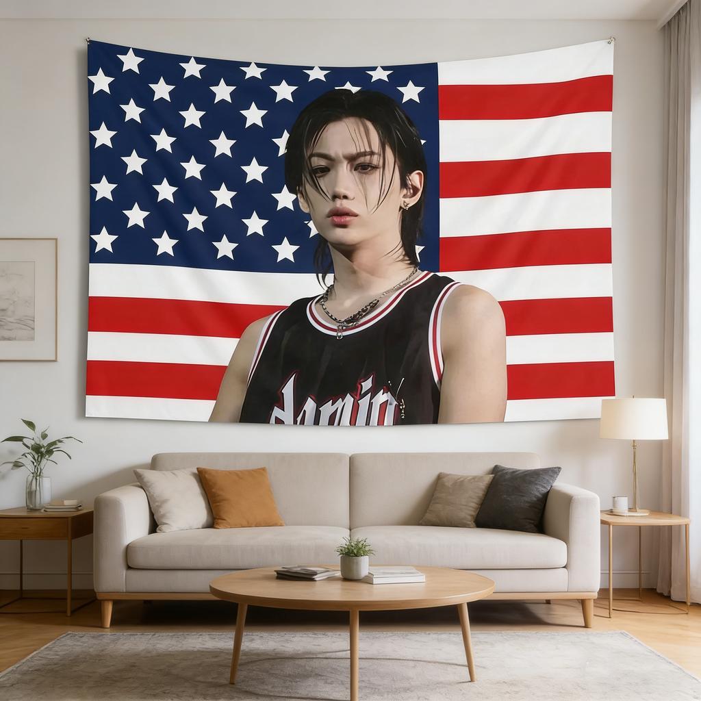 1PC SKZ Felix Black Hair Tapestry Stray Concert Banner Kpop Decor For Garden Camping Events