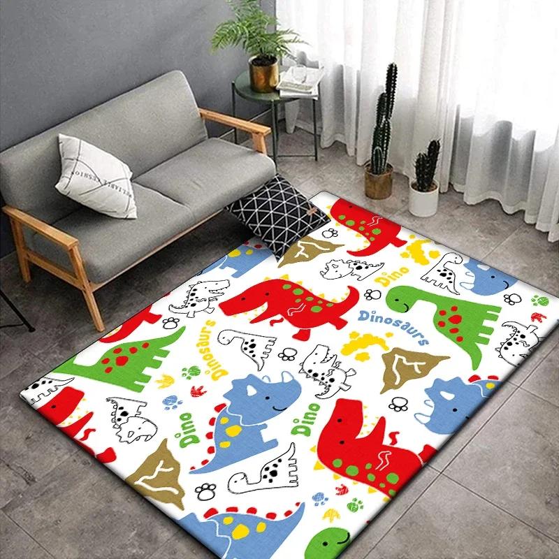 1 pieza Alfombra linda con estampado de dinosaurio de dibujos animados para sala de estar, dormitorio, alfombra para gatear para niños resistente a las arrugas, alfombra de suelo antideslizante