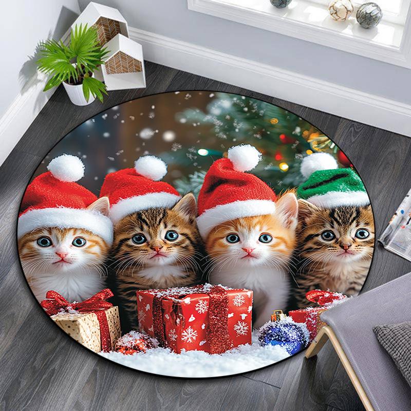 Christmas Kittens Round Area Rug,Carpet Rug for Living Room Bedroom Sofa Playroom Decor,Non-slip Floor Mat
