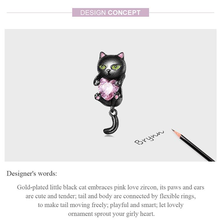 WOSTU 925 Sterling Sølv Søt Liten Svart Cat Charms Perler Rosa Hjerte Zircon For Women Passer Originalt DIY armbånd Smykkegaver