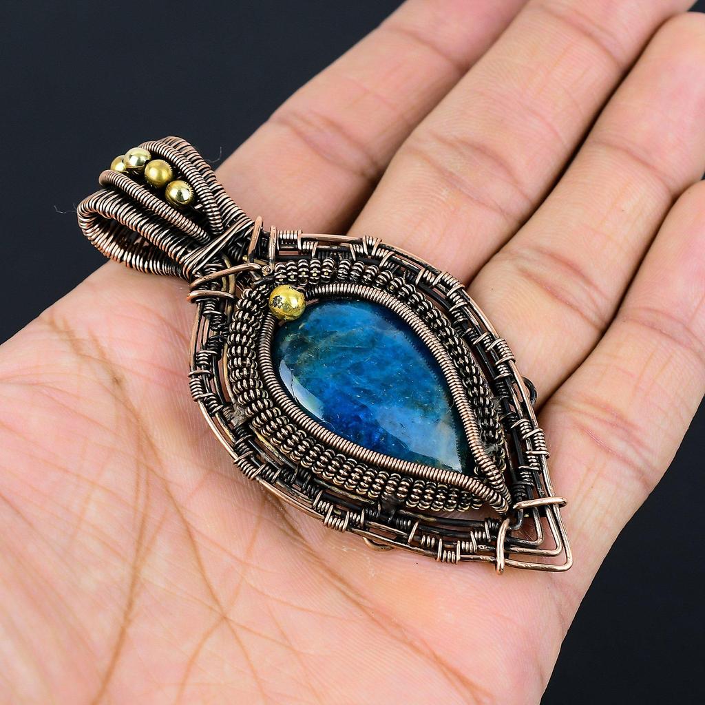 Neon Blue Apatite Gemstone Pendant 999 Copper Wire Wrapped Jewelry, Handmade Antique Pendant Jewelry, Gift For Mother