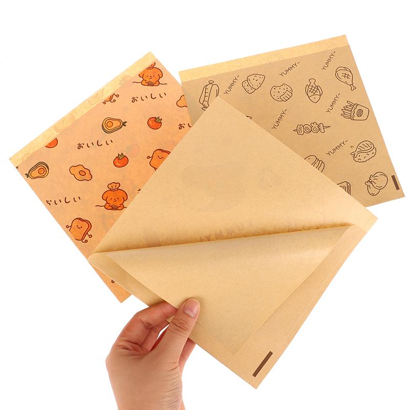 50Pcs Cute Cartoon Square Wax Paper Sandwiches Burgers Fries Fried Wrappers Bags Waxed Paper Baking Paper Food Packing Pouches