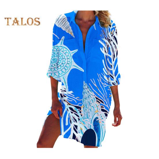 

Женская пляжная рубашка, однобортная рубашка с длинными рукавами и лацканами, топы с накладными карманами, пляжная рубашка средней длины с принтом морской звезды 3XL синий