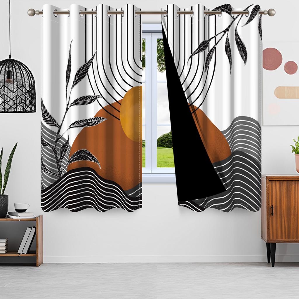 2pcs Nordic Style Blackout Curtains Green Leaves Moon Window Curtains Sun Simple Minimalism Nordic Lines Home Interior Curtains