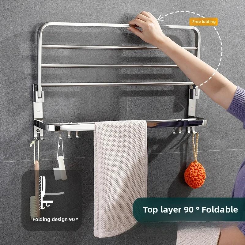 304 Stainless Steel Towel Bars Bathroom Storage Rack Non Punching Foldable Towel Storage Rack Space Saving Hardware Pendant