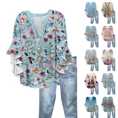 Women's Fashion Button V-Neck Ruffle Seven Sleeve Blouse Floral Printed Top