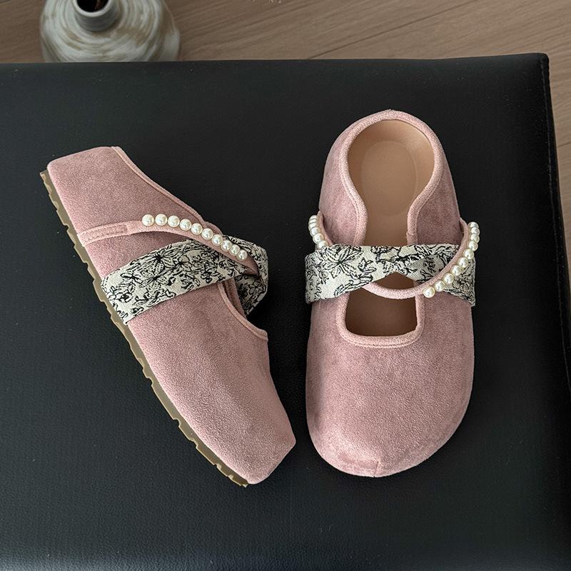 Retro Versatile Round Head One-pedal Mary Jane Shoes Spring and Summer New Pearl Casual Flat-bottomed Bag Head Slippers