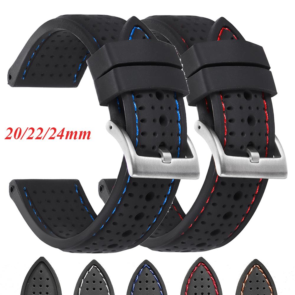 Breathable Silicone Sports Watchband 20mm 22mm 24mm for Smart Watch Rubber Wrist Strap Soft Waterproof Universal Band Accessory