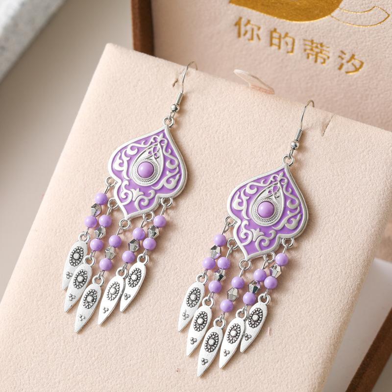 Ethnic Unique Pattern Geometric Charm Earrings for Women Creative Drop Oil Colorful Beads Metal Tassel Hanging Earrings Jewelry