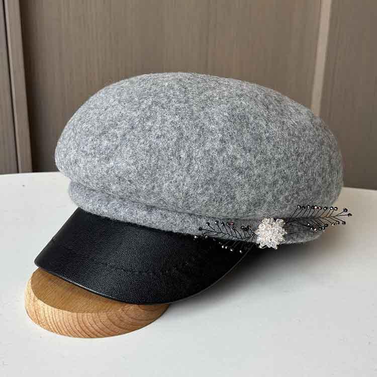 Autumn and Winter Wool Octagonal Hat Femininity Beret Short Brim Leather Cap British Style Newsboy Hat Tide