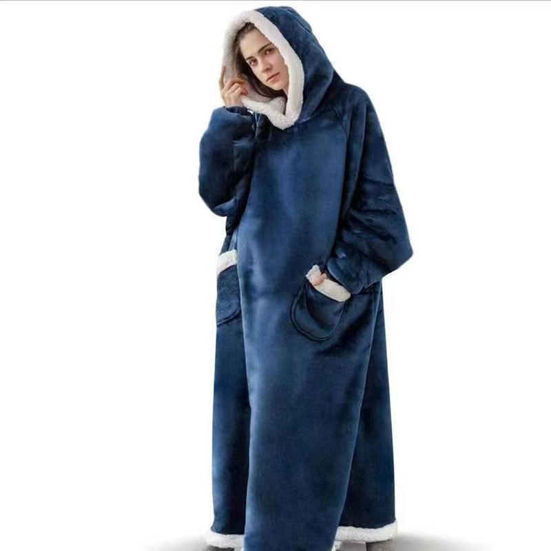 Women's Extra Long Flannel Christmas Pajama Robe with Vertical Pocket and Lazy Blanket Set - Thickened for Warmth