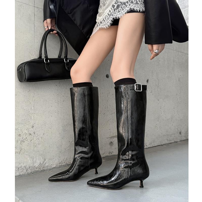 Fashion 2025 Autumn Women Boots Split Leather Women Shoes Pointed Toe Chunky Heel Slip-on Knee High Boots Western Modern Ladies boots