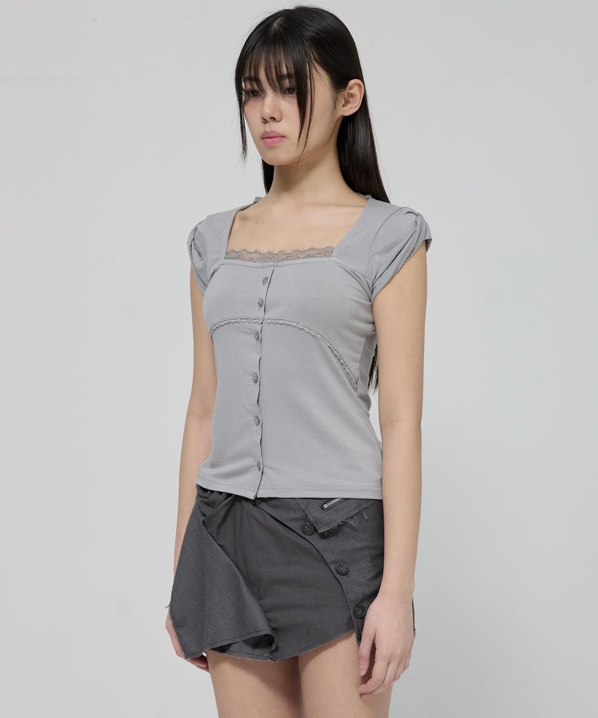Peulleeoeob Lace Sleeve Top (Fl-112_Gray)