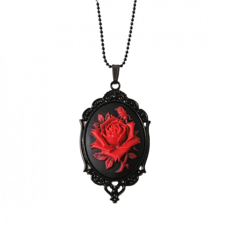 Victorian Black and Red Rose Cameo Necklace