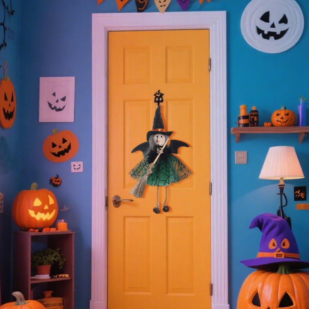 Halloween Witch Hanging Decor Cute Broomstick Ornament Party Hanging Witch Decoration Witch Doll with Bells Halloween Gift