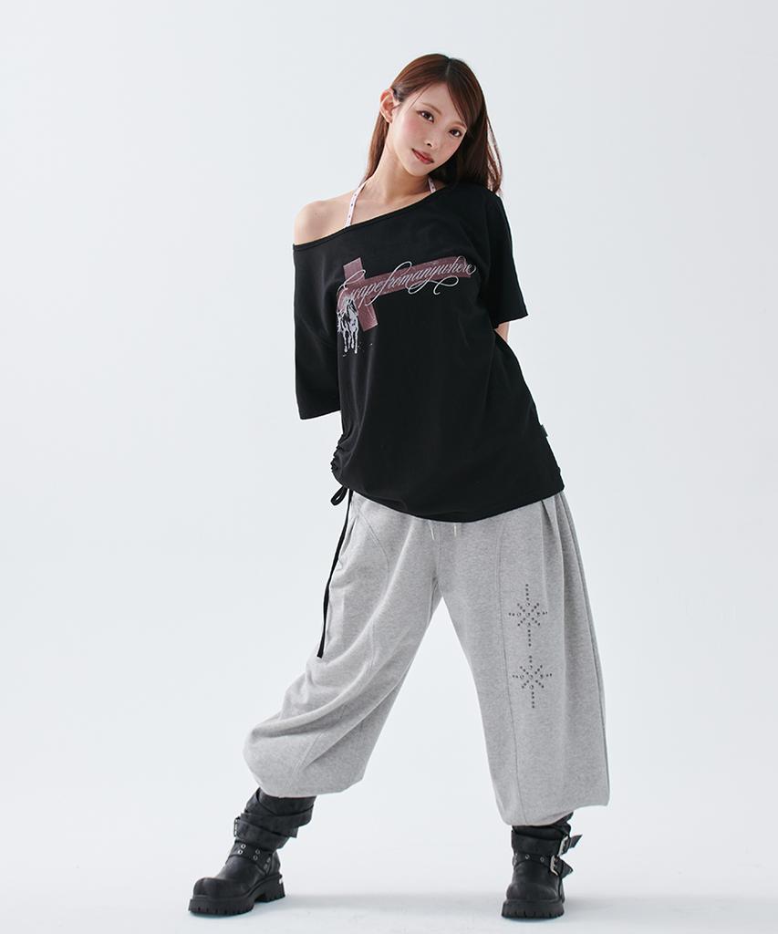 ESCAPEFROM [Escf X Hot Today] Cross Angel Print Side Shirring Detail Loose Fit One-Shoulder Short Sleeve T-Shirt Black