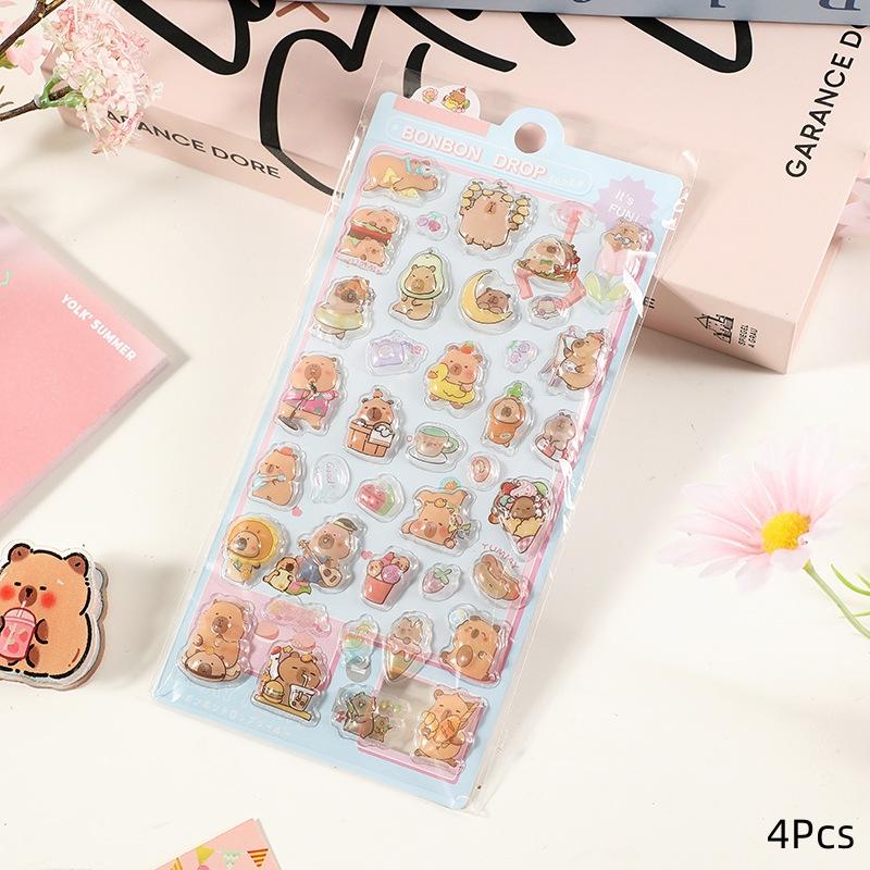4Pcs Cute Cartoon Capybara 3D Relief Bubble Stickers Kawaii Animal Decorations Diy Scrapbook Sticker Phone Case Decoration Gifts