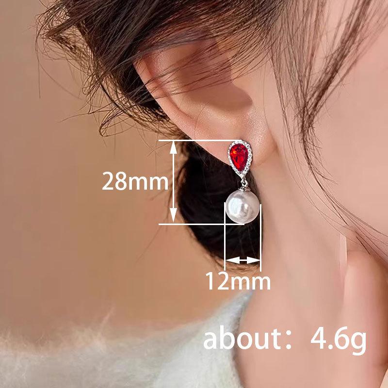 Red Water Droplet Zircon Pearl High End New Earrings Attend Banquet Elegant Trend Exquisite Fashion Luxury Accessories