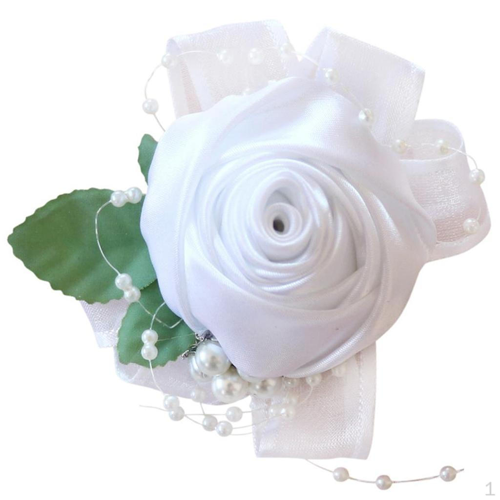Artificial Pearls Rose Flower Bridesmaid Corsage Wrist Band Elastic Bracelet Wedding Ceremony Party