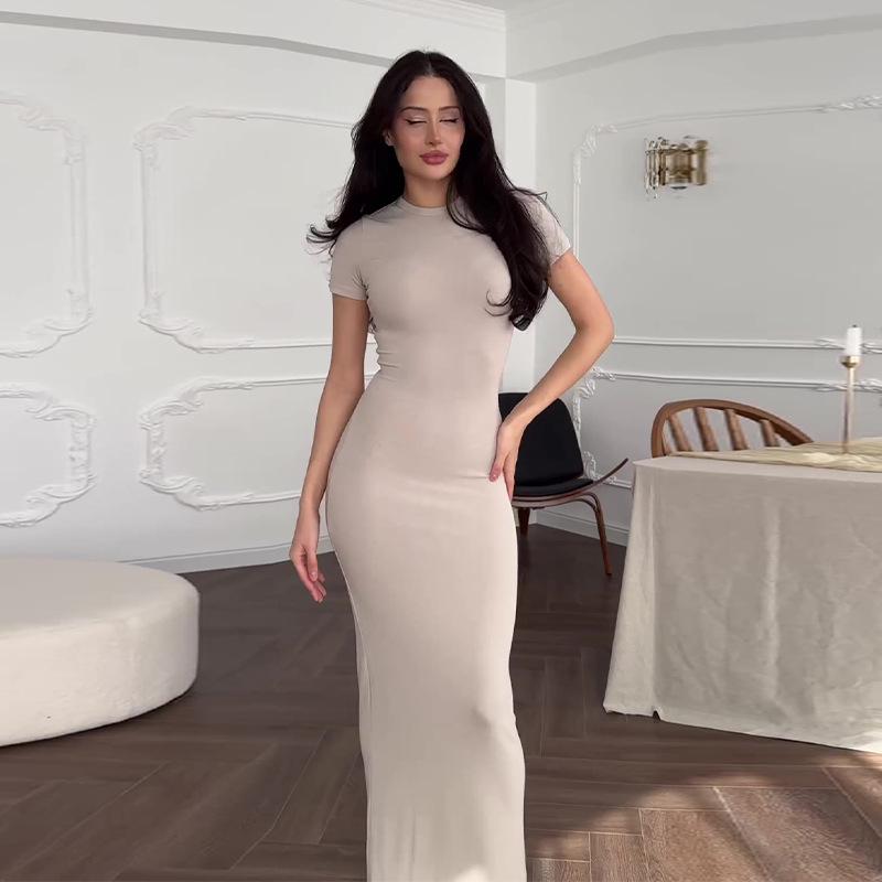 2024 Summer European & American Round Neck Slim Fit Long Dress - Solid Color Hot Girl Style