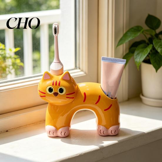 Porta Spazzolino Compatto, Forma di Gatto con Foro di Drenaggio, Impermeabile Resistente alla Muffa Organizer in Ceramica a Doppio Foro per Accessorio da Bagno