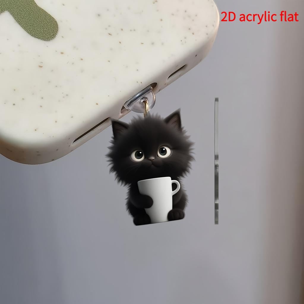 2D Plat, 1 buc Pisică Drăguță Ceașcă de Ceai Acrilic Dop de Praf pentru Telefon - Potrivit pentru Conectori Type-C și IPhone, Accesoriu Capac de Praf Protector
