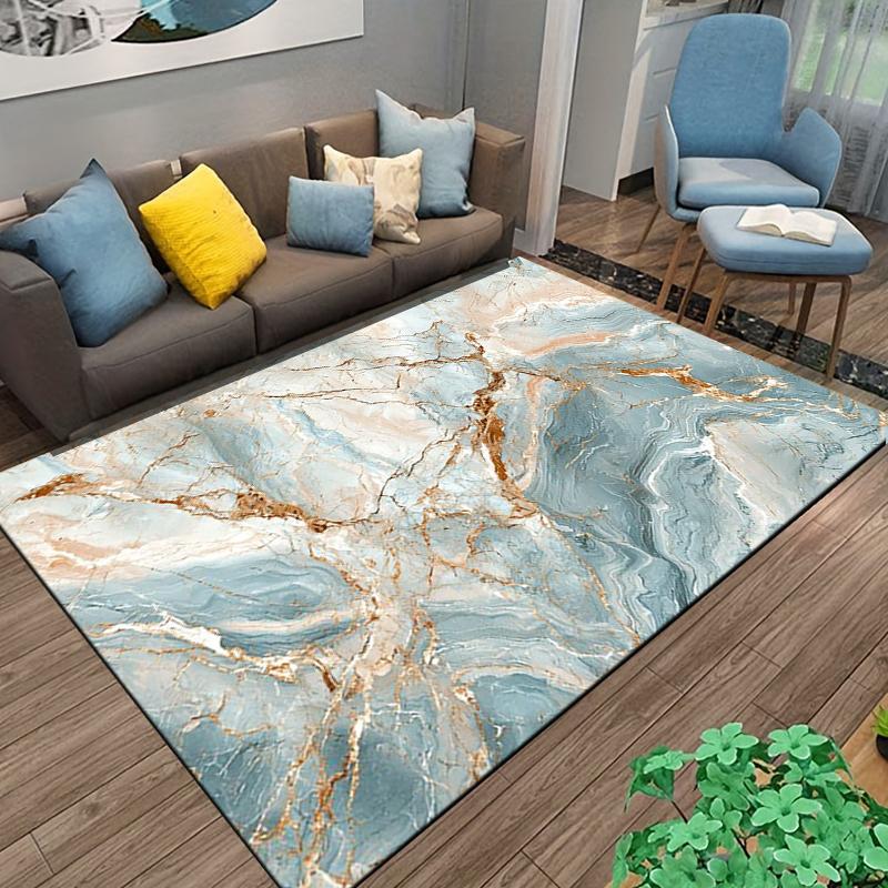Luxury Marble Texture Soft Carpet In Blue and Gold for Bedroom Decor Suitable for Use As an Anti-slip for Living Room Bedroom Sofas