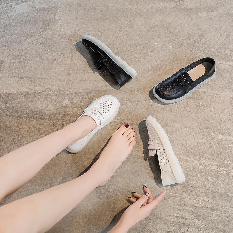 Fashion GKTINOO Loafers Ladies Genuine Leather Large Size Summer Hollow Slip On White Shoes Women Fashion Casual Soft Sole Flat Shoes