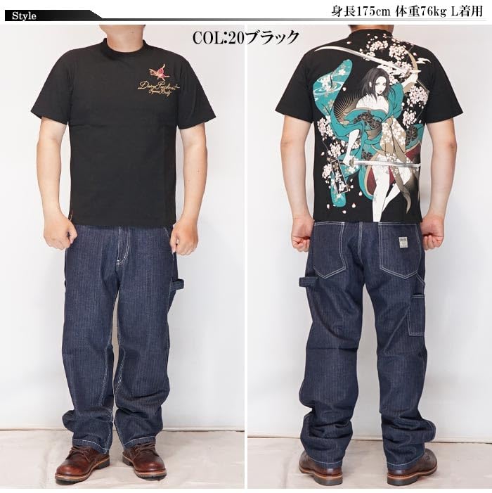 Battou Musume Karakuri Tamashii Japanese Pattern T-Shirt, Men's, Short Sleeve, Rin, 252138-20, Black-XL