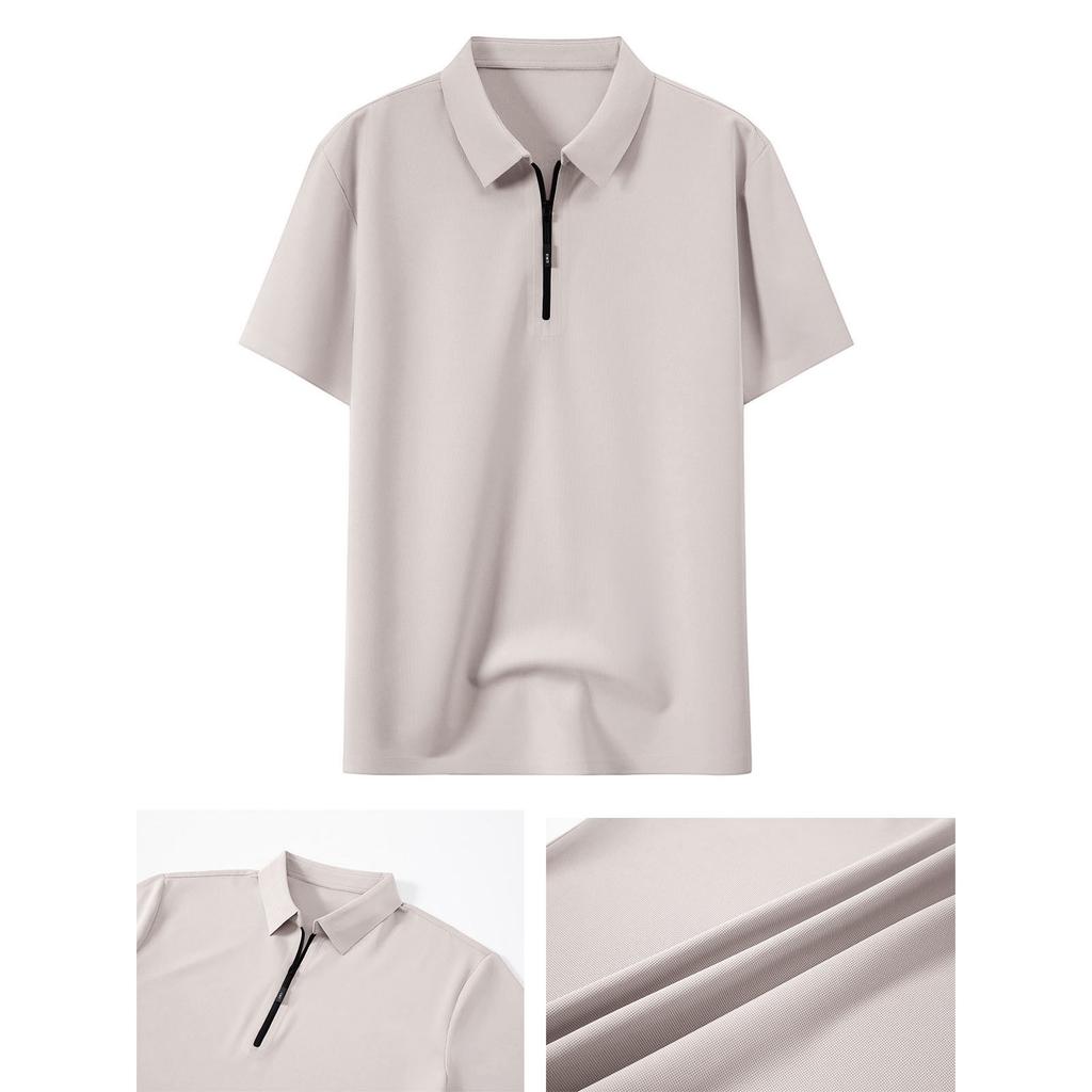 Men's Short Sleeve Polo Shirt with Zipper High Elasticity Ice Silk Knit Fabric Comfortable Stretch Waffle Texture Casual T-Shirt