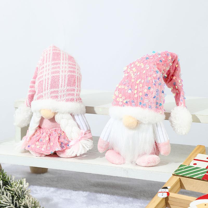Christmas Gnome Plush Decorations,Elf Dwarf Gnomes Doll Pink Sequin Hat Design For Home Christmas Table Decorations