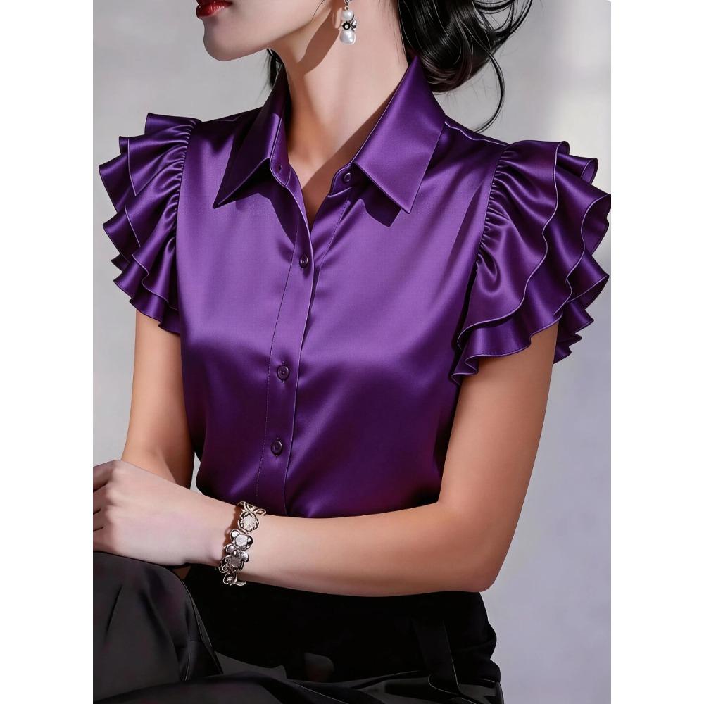 Summer new satin ruffle edge short-sleeved women's solid color casual shirt