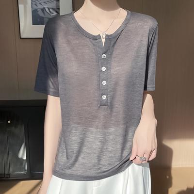 Damen Frühling und Sommer Dünn Elegant Halb Offener Hals Kammgarn Strick Kurzarm Freizeit T-Shirt Oberteil