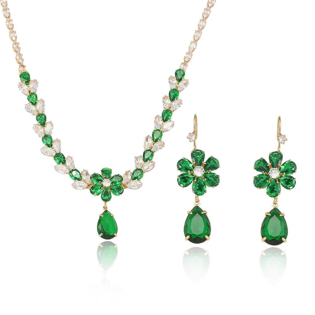 European & American Style Zircon Emerald Necklace & Earrings Floral Collarbone Chain