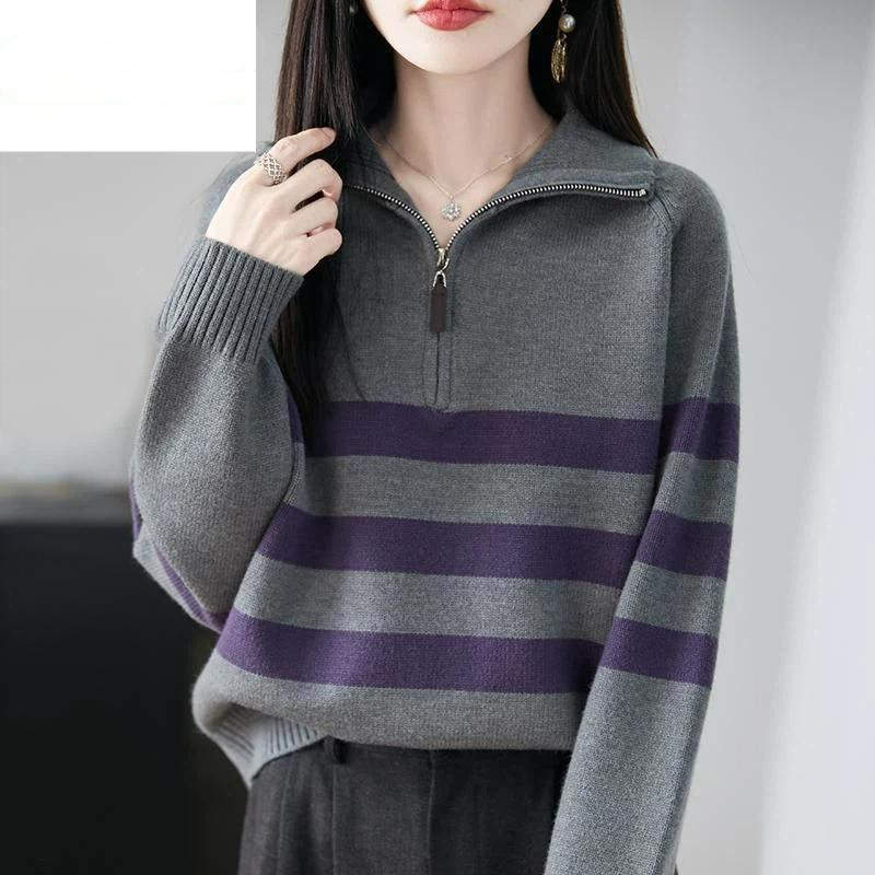 Women's Zipper Striped Loose Knit Top