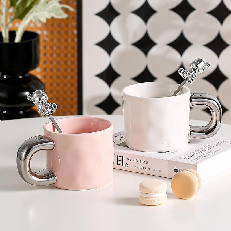 Light Luxury High Value Ceramic Cup with Spoon Electroplated Bear Mug High End Niche Design Cup Export Coffee Cup