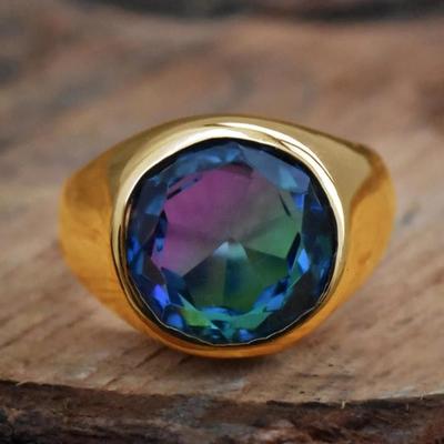 Round Alexandrite Quartz  925 Sterling Silver  Yellow Gold Filled Signet Ring