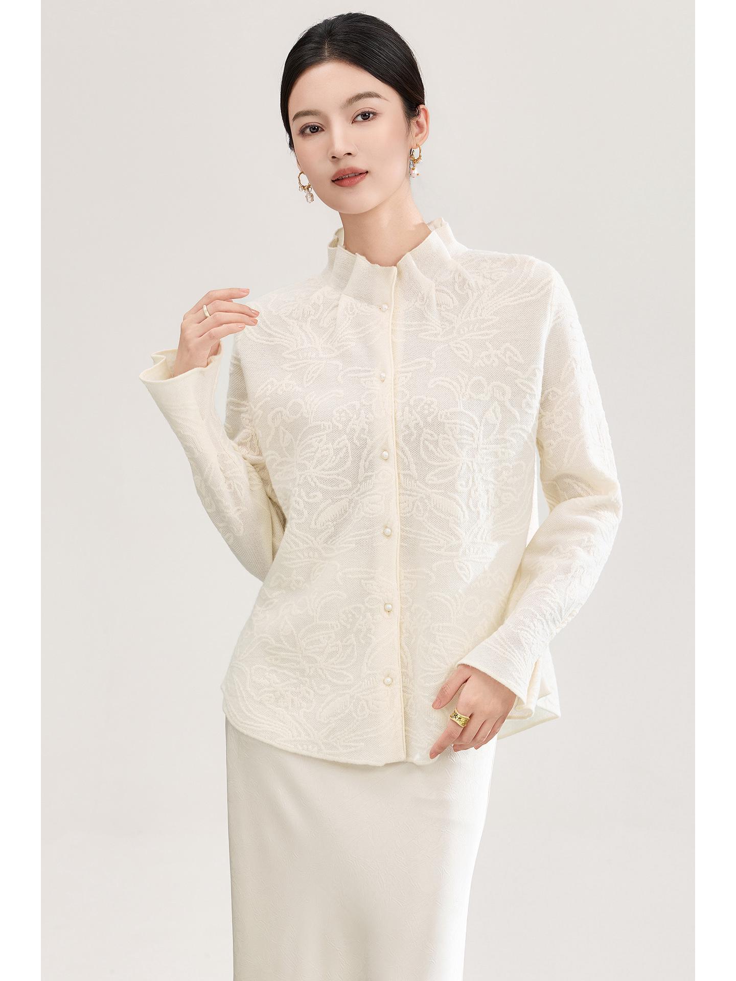 Three-Dimensional Wool Jacquard Ruffle Sleeve Knit Top Small белый