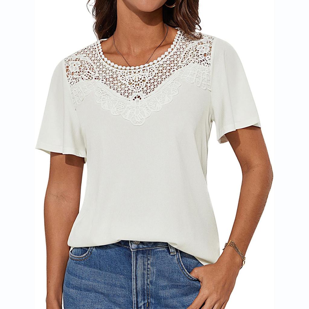 Women's Fashionable Casual Ice Silk Pleated Lace Round Neck Short Sleeve