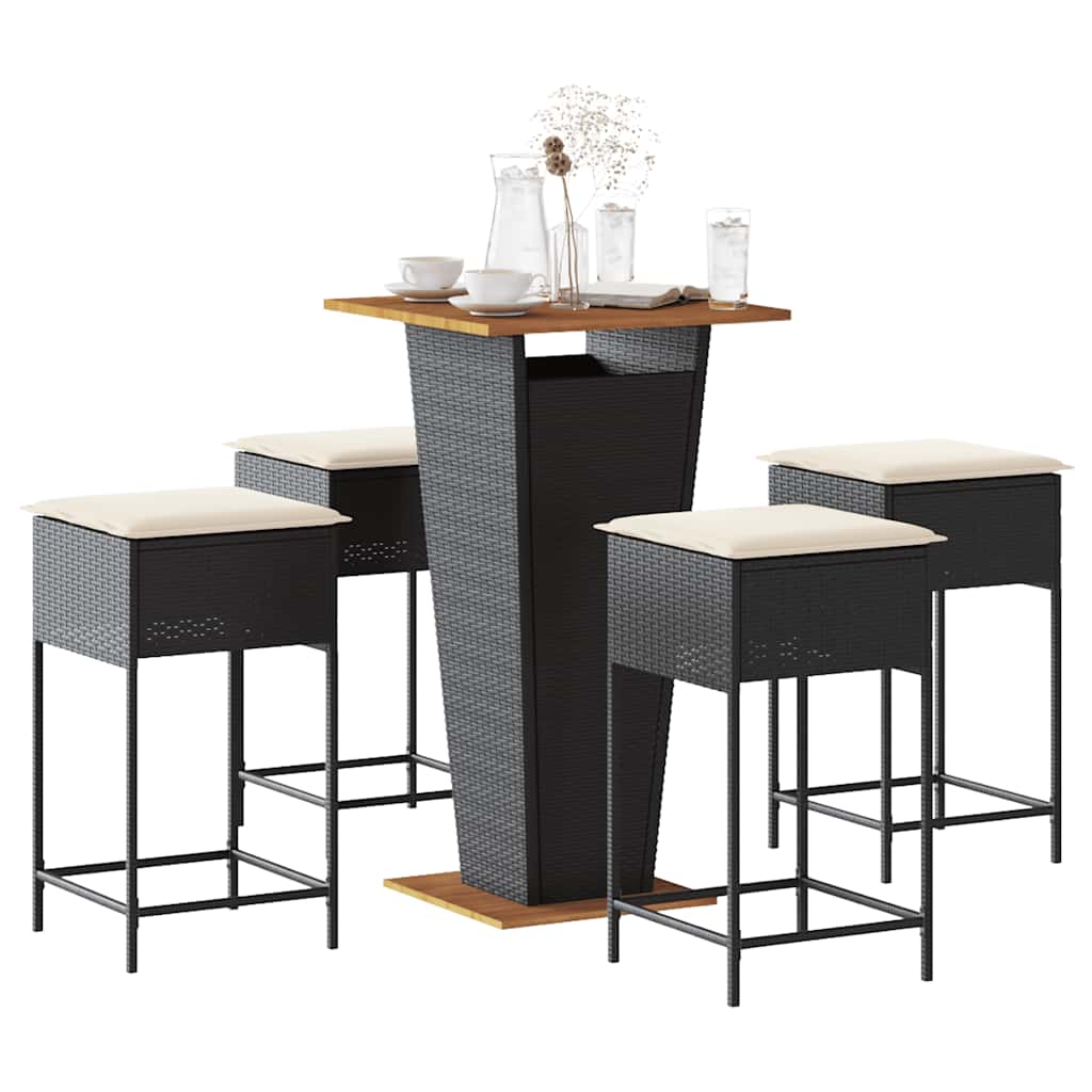 5 Piece Garden Bar Set with Cushions Black Poly Rattan