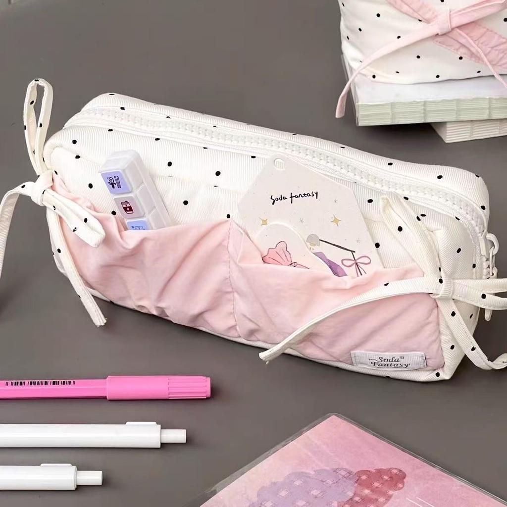 2026 NEW Bag Large Capacity Cute Snow-white Polka Dot Student Pencil Box Makeup Storage Bags Heart-shaped Bow Design Stationery