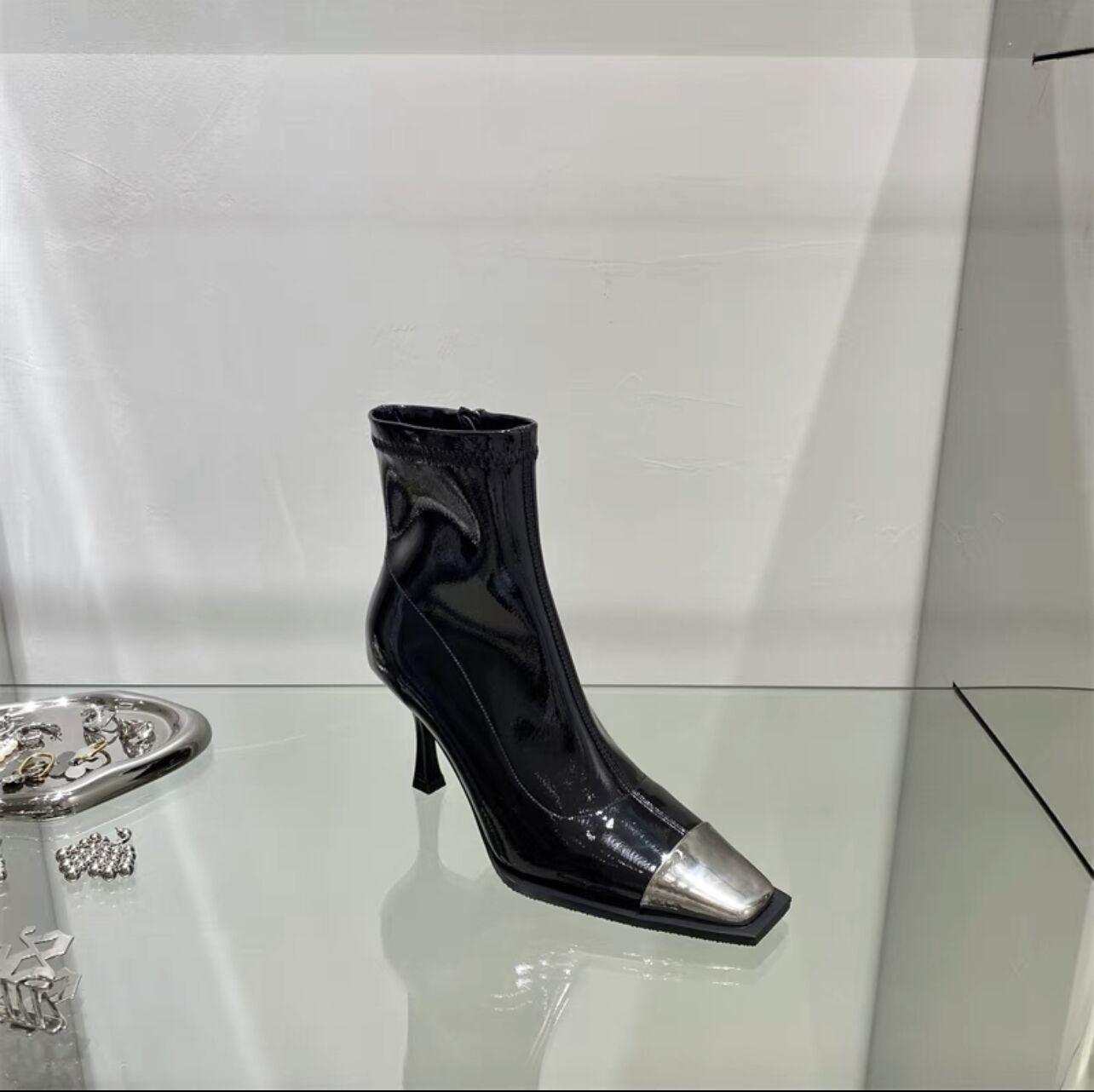 

Осенне-зимняя мода ботинки на молнии сбоку европейский и американский стиль металлический квадратный носок женские ботинки тонкий каблук высокий каблук короткие ботинки женские 35