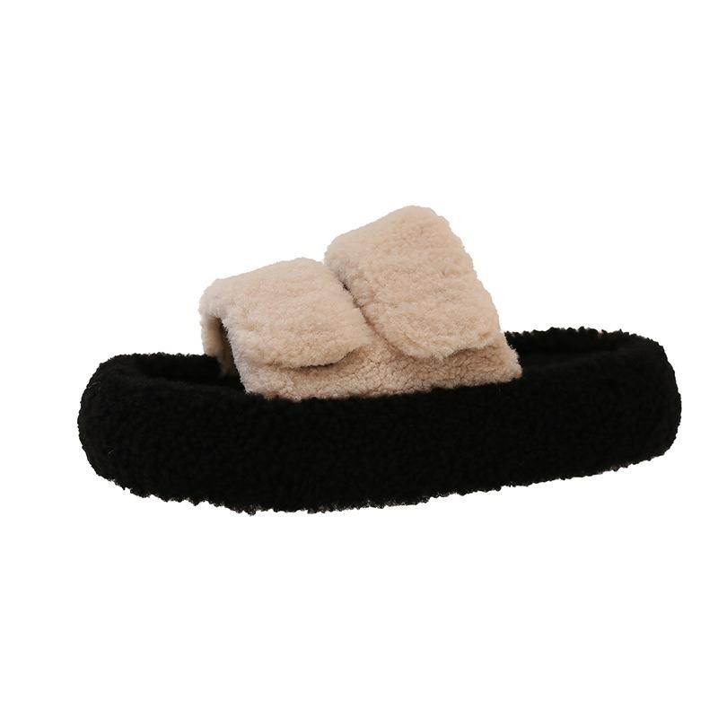 Fluffy Slippers Women's New Autumn Retro Fluffy Outer Wear Fashionable and Simple Thick Bottom One-word Cotton Drag Women