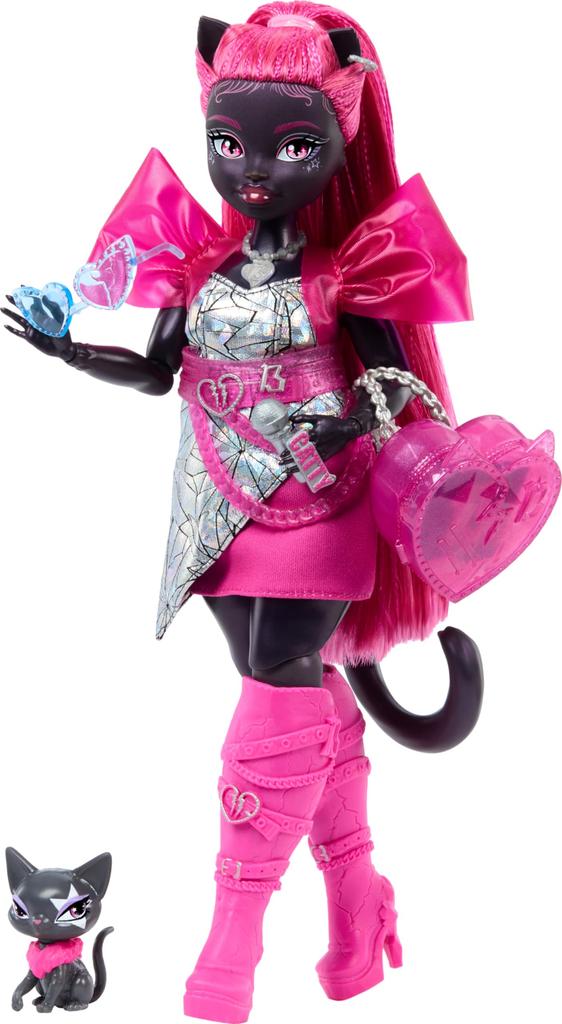 Monster High Catty Noir Doll with Pet Cat Charm and Accessories Including Backpack, Music Book, and Microphone