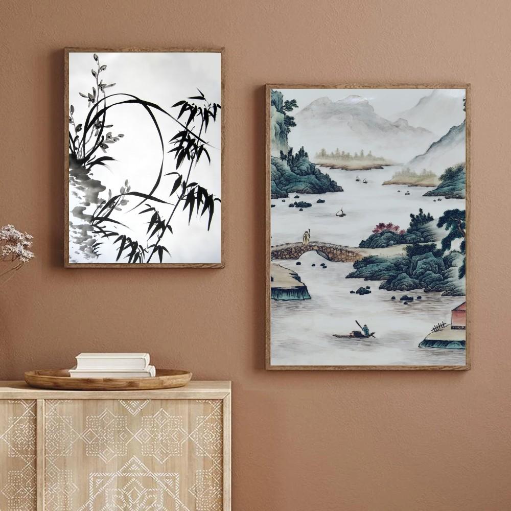 1pc Traditional Chinese Feng S-Shui Plum Orchid Bamboo Landscape Self-adhesive Art Poster Waterproof Paper Sticker Wall Decor