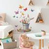 Vintage Tin Bucket Floral Rabbit Butterfly Wall Sticker Self-Adhesive Removable for Bedroom Living Room Rustic Home Decor Art