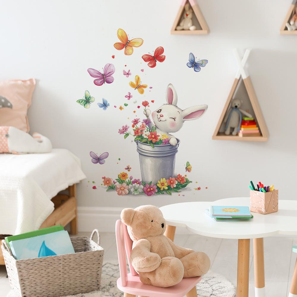 Vintage Tin Bucket Floral Rabbit Butterfly Wall Sticker Self-Adhesive Removable for Bedroom Living Room Rustic Home Decor Art