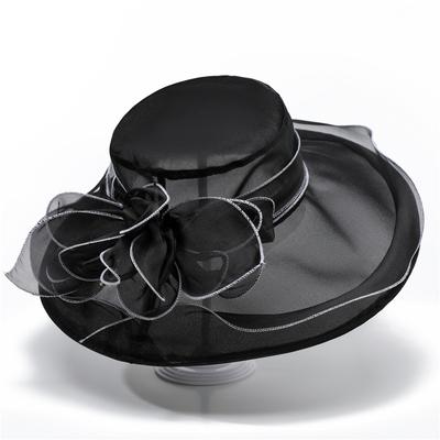 Eleganter Organza-Hut für Damen mit breiter Krempe für Teepartys, Hochzeiten, für die Kirche, Kentucky Derby, Blumendesign, perfekt für Brautanlässe